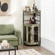 Triangular taupe corner bar cabinet featuring adjustable shelves, glass holders, and a vintage industrial design for.