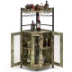 Triangular industrial corner bar cabinet in taupe showcasing spacious storage with see-through doors and wine glass.