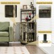 Industrial corner bar cabinet in taupe with metal mesh doors, adjustable shelf, and wine glass holders for stylish.