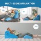 Orthopedic wedge pillow set in blue, shown in multiple positions for comfort and support on sofa, bed, and floor.