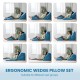 Ergonomic blue wedge pillow set shown in various positions for pain relief, suitable for recovery and comfort.