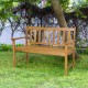 Acacia wood 2-person outdoor bench with backrest, featuring ergonomic armrests and slatted design for breathability.