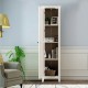 Tall slim linen tower bathroom storage cabinet in walnut with four shelves, perfect for organizing any room.