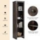 Tall walnut linen tower storage cabinet with four shelves and round knob, perfect for bathroom or living room.