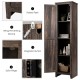 Linen tower bathroom storage cabinet in walnut with raised feet, 4 shelves, and magnetic button for stability and style.