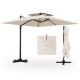 Beige 9.5 feet cantilever patio umbrella with cross base, showcasing its stable design and convenient storage strap.