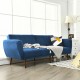 Navy convertible futon sofa bed with adjustable backrest and solid wood legs, perfect for living room relaxation.