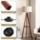 Tripod floor lamp with brown rubber wood, linen shade, foot switch, and 11 ft power cord for modern home decor.