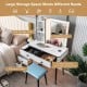 Vanity makeup table set with lighted mirror, drawers, and cushioned stool for organized beauty essentials.