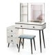 Vanity makeup table set with lighted mirror, adjustable brightness, and ample storage, perfect for organizing cosmetics.