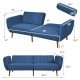 Navy convertible futon sofa bed with adjustable backrest, solid rubber wood legs, perfect for living room or office use.