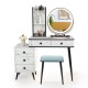 Vanity table set in white with 3-color lighted mirror, cushioned stool, and ample storage for cosmetics and accessories.
