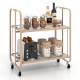 2-tier mobile serving cart with tempered glass shelves, golden metal frame, ideal for kitchen and dining room.