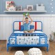 Car-shaped twin size kids bed frame in blue with upholstered headboard, perfect for a safe and comfortable sleep.