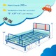 Car-shaped twin size kids bed frame with upholstered headboard, sturdy metal slats, and large wheels for a fun bedroom.