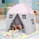 Portable indoor kids play castle tent in pink and gray, made of soft cotton canvas, perfect for playtime and relaxation.