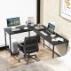 L-shaped computer desk in black with power outlets and USB ports, ideal for home office or study space.
