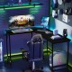 L-shaped black computer desk with CPU stand, power outlets, and USB ports, ideal for gaming and home office use.