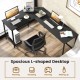 Spacious L-shaped computer desk in black with power outlets and USB ports, ideal for working or gaming in small spaces.