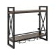 Industrial wall-mounted wine rack with 2-tier shelves and 3 stem glass holders, perfect for home bar or kitchen use.