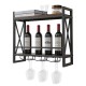 Industrial wall mounted wine rack with 2-tier shelf, 3 stem glass holders, and heavy-duty metal frame for home bar use.