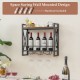 Industrial wall mounted wine rack with 2-tier shelf, 3 stem glass holders, and heavy-duty metal frame for home bar.