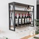 3-tier industrial wall-mounted wine rack with a metal frame, holding 7 wine bottles and 16 glasses for stylish storage.