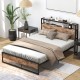 Full/Queen bed frame showcasing the 2-tier storage headboard and soft beige throw blanket for a cozy bedroom setup.