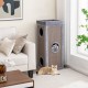 Tall gray cat condo with scratching posts, 3 hideaways, and soft plush cushions, perfect for multiple cats.