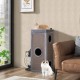 Tall gray cat condo with 4 stories, 3 hideaways, and plush cushions, perfect for multiple cats to play and relax.