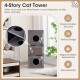 39-inch tall cat condo in gray with 4 stories, 3 hideaways, and sisal scratching posts for playful cats.