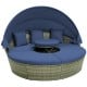 Outdoor PE wicker round daybed featuring a smooth-opening retractable canopy and removable navy cushion covers for easy.