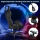 Adjustable 360° swivel gaming chair in black with ergonomic design, RGB LED lights, and height adjustment features.