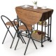 Rustic brown folding dining table with two chairs, showcasing a drop leaf design and smooth rolling casters for.