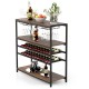 5-tier wine rack table with glass holders, featuring durable metal pipes and wood shelves, ideal for home bar or dining.