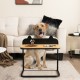 Dog bowl stand with two stainless steel bowls, adjustable height, and bamboo tabletop for comfortable feeding.