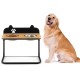 Elevated dog bowl stand with two stainless steel bowls, bamboo tabletop, and adjustable height for comfortable feeding.