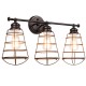Three-light vanity lamp with oil rubbed bronze iron frame and metal wire cages, ideal for vintage-style bathroom.