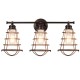 Close-up view of the metal wire cage design on a 3-light vanity lamp in oil rubbed bronze, perfect for vintage decor.