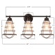 3-light vanity lamp with metal wire cage in oil rubbed bronze finish, ideal for bathroom or vintage decor.