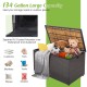 134-gallon rattan storage box with acacia wood top, ideal for outdoor storage of cushions, toys, and blankets.