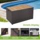 Rattan storage box with solid acacia wood top, featuring a 134-gallon capacity and cut-out handles for easy movement.