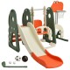 Toddler slide and swing set in orange with basketball hoop, football gate, and golf hole for active play.