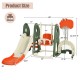 Dimensions of the 6-in-1 toddler slide and swing set in orange, showcasing slide height, swing adjustments, and safety.