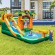 Monkey-themed inflatable bounce house with slide, water park features, and protective mesh for safe play in backyard.