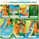 Inflatable monkey-themed bounce house with slide, featuring a splash pool, climbing wall, and basketball hoop for.
