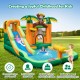 Monkey-themed inflatable bounce house with slide, water park features, and protective mesh for kids' safe play.