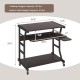 Mobile computer desk in dark brown with dimensions shown, highlighting compact design and versatile storage options.