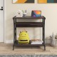 Mobile computer desk in dark brown from a side angle, featuring a spacious bottom shelf and smooth-rolling casters for.