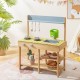 Backyard pretend play toy kitchen with stove top, solid pine wood, multiple shelves, ideal for outdoor playtime.